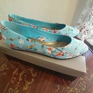 Baby blue and pink flats with bird & flower print